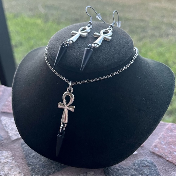 Ankh set dangky black spikes stainless steel chain adjustable boho goth silver - Picture 6 of 12